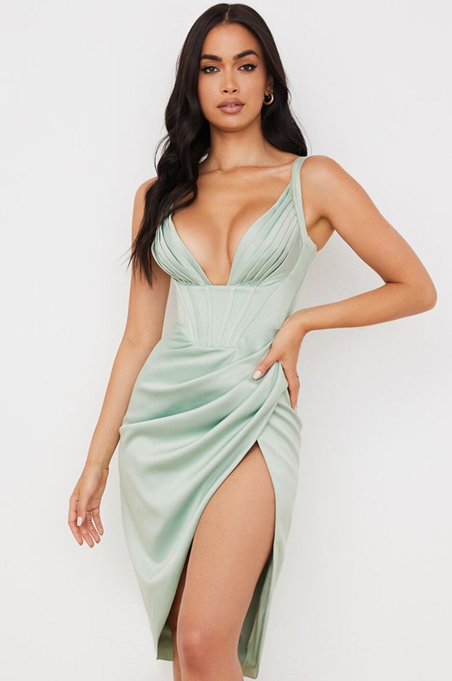 House of CB Faye Pistachio Green Satin Corset Midi Ribbed Slit Dress Size Small